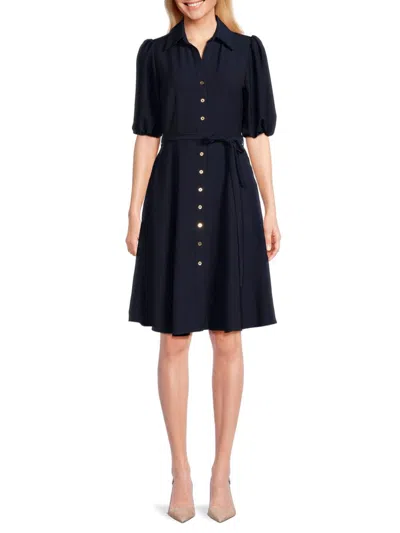 Sharagano Women's Puff Sleeve Belted Dress In Deep Navy