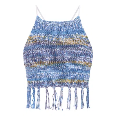 Shareyourluce Women's Blue / White Blue Sunkissed Knit Top With Fringes In Blue/white