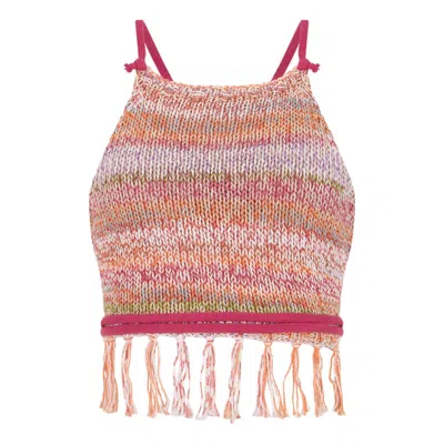 Shareyourluce Women's White / Pink / Purple Pink Sunkissed Knit Top With Fringes In White/pink/purple