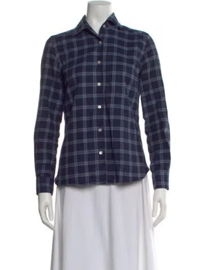 Pre-owned Sharis Place Private Label Plaid Print Long Sleeve Button-up Top In Blue