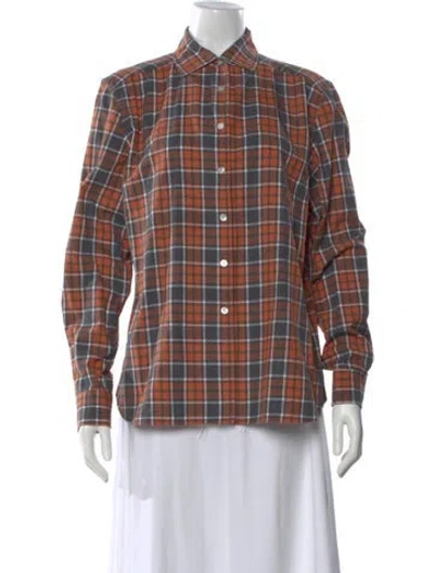 Pre-owned Sharis Place Private Label Plaid Print Long Sleeve Button-up Top In Brown