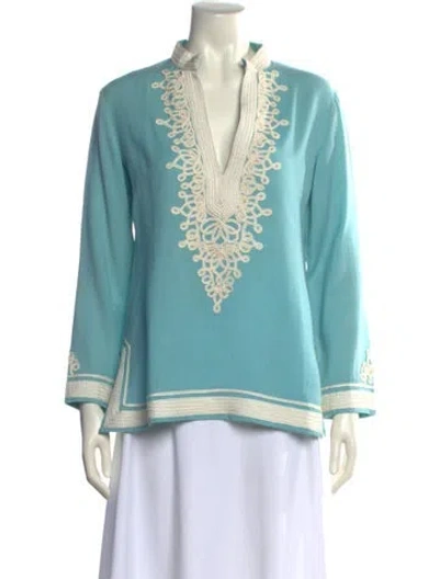 Pre-owned Sharon Lace Pattern V-neck Tunic In Blue