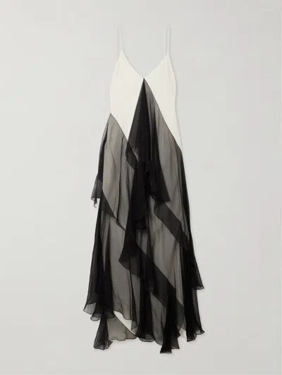 Sharon Wauchob Megara Asymmetric Ruffled Two-tone Silk Crepe De Chine And Crepon Midi Dress In Black