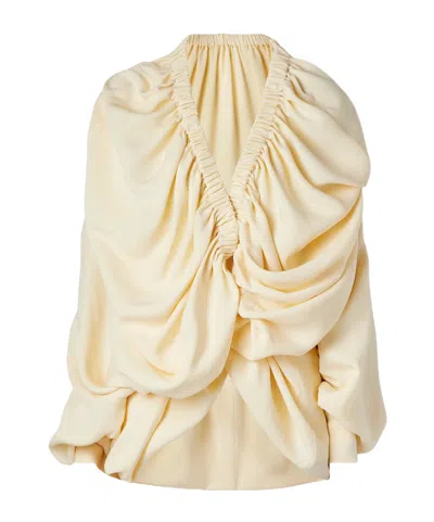 Sharon Wauchob Sata Draped Gathered Wool And Silk-blend Crepe Wrap Blouse In Yellow