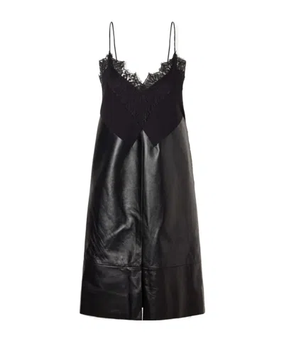 Sharon Wauchob Tulipa Gathered Lace-trimmed Jersey And Leather Midi Dress In Black