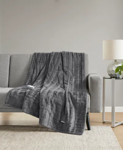 Sharper Image Heated Faux-fur Throw, 50" X 60" In Grey