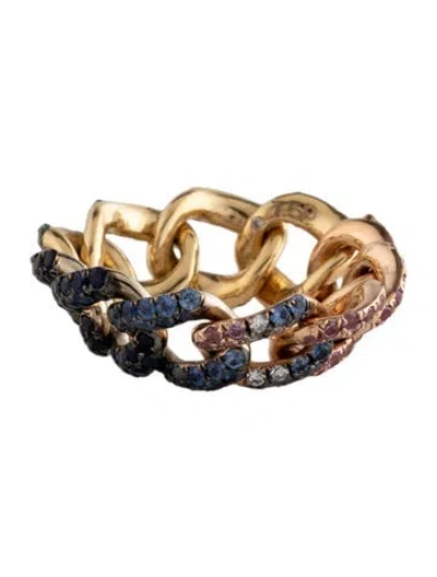 Pre-owned Shay 18k Diamond, Tsavorite Garnet, & Sapphire Rainbow Link Ring In Multicolor