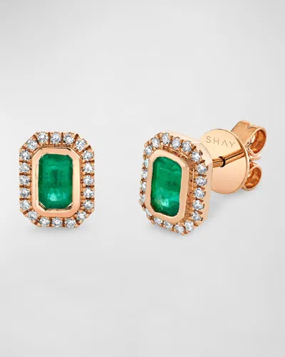 Shay 18k Rose Gold Diamond Halo Emerald Earrings