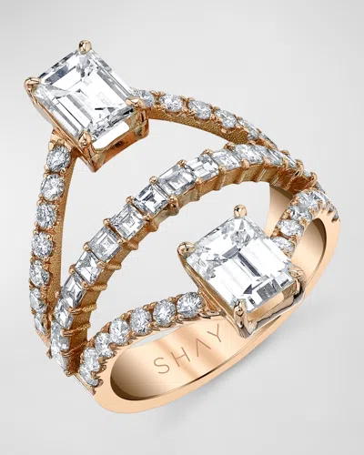 Shay 18k Rose Gold Princess And Double Emerald Cut Diamond Ring