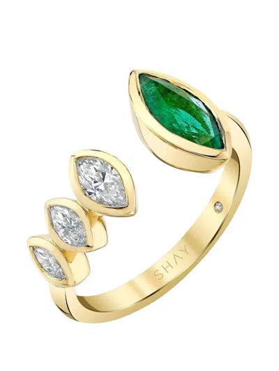 Shay Embellished Emerald And Diamond Marquise Open Ring In Gold