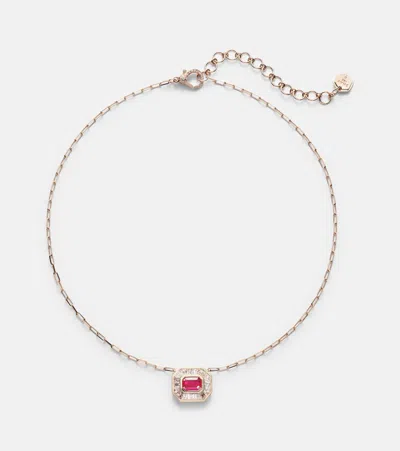 Shay Jewelry Halo Mini 18kt Rose Gold Necklace With Diamonds And Ruby