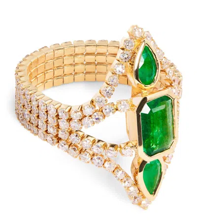 Shay Yellow Gold, Diamond And Emerald Deco Stacked Thread Ring