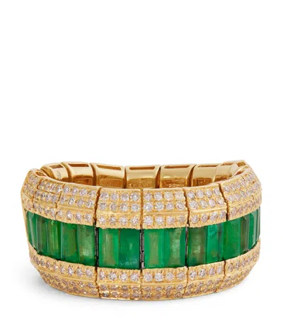 Shay Yellow Gold, Emerald And Diamond Stretch Ring