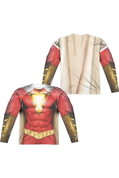 Shazam Movie Shazam Uniform (front/back Print) Long Sleeve Adult Poly Crew Tee / T-shirt In White