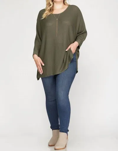 She + Sky 3/4 Sleeve Hi Low Knit Sweater In Olive Green