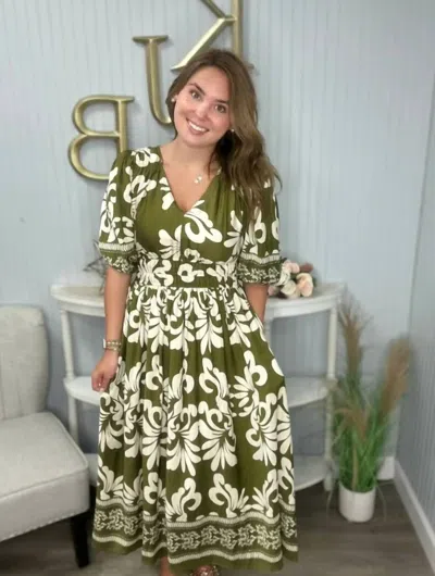 She + Sky 3/4 Sleeve V-neck Printed Woven Midi Dress With Side Pocket In Olive In Green