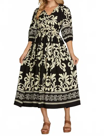 She + Sky 3/4 Sleeve V-neck Woven Midi Dress With Side Pocket In Black In Multi