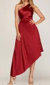 She + Sky Asymmetrical Satin One Shoulder Midi Dress In Red In Burgundy
