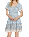 She + Sky Bell Sleeve Border Print Woven Mini Dress In Lt. Blue In Multi
