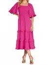 She + Sky Bell Sleeve Square Neck Smocked Tiered Midi Dress In Dark Pink In Pink