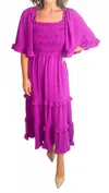She + Sky Bell Sleeve Square Neck Smocked Tiered Midi Dress In Purple In Purple