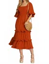 She + Sky Bell Sleeve Square Neck Smocked Tiered Midi Dress In Rust In Orange
