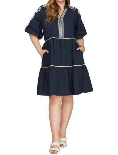 She + Sky Bissete Embroidered Tiered Midi Dress - Plus In Navy Ivory In Black