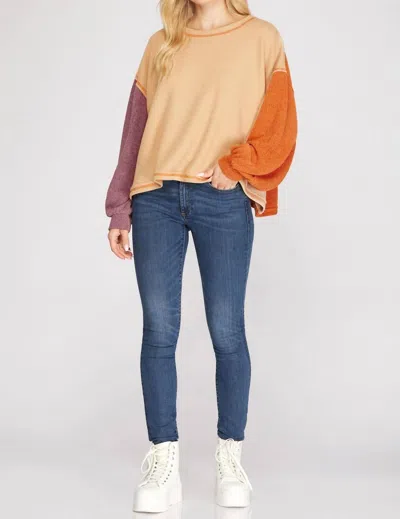 She + Sky Blocked Knit Pullover In Taupe/carrot & Eggplant In Pink