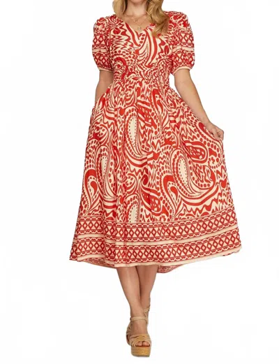 She + Sky Border Printed Midi Dress In Tomato Red In Multi