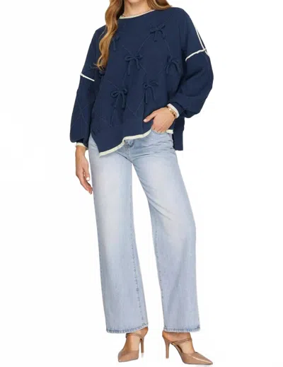 She + Sky Bow Detail Sweater Top In Navy In Blue