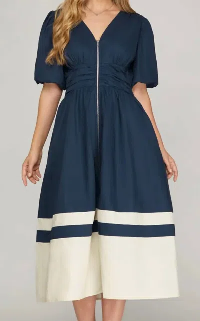 She + Sky Bubble Sleeve Front Zip Midi Dress With Pockets In Navy In Multi