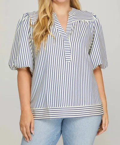 She + Sky Bubble Sleeve Striped Woven Top In Blue In Multi