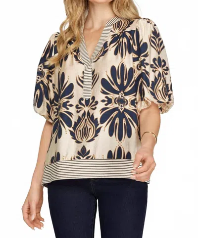 She + Sky Bubble Sleeve Top In Navy/ Beige In Multi