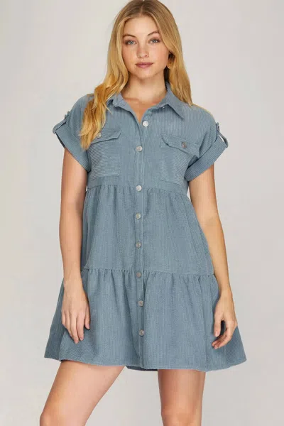 She + Sky Button Down Corduroy Dress In Dusty Blue In Multi