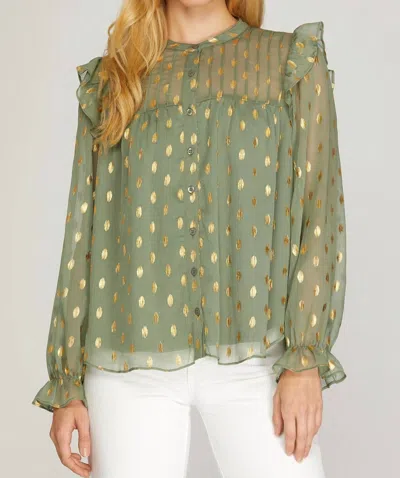 She + Sky Button Down Shirt In Sage Green In Animal Print