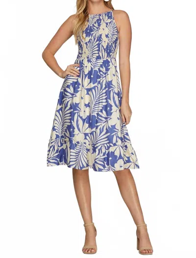 She + Sky Cami Woven Floral Print Smocked Midi Dress In Blue