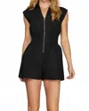 She + Sky Cap Sleeve Woven Smocked Waist Front Zip Romper In Black In Black