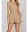 She + Sky Cap Sleeve Woven Smocked Waist Front Zip Romper In Taupe In Brown