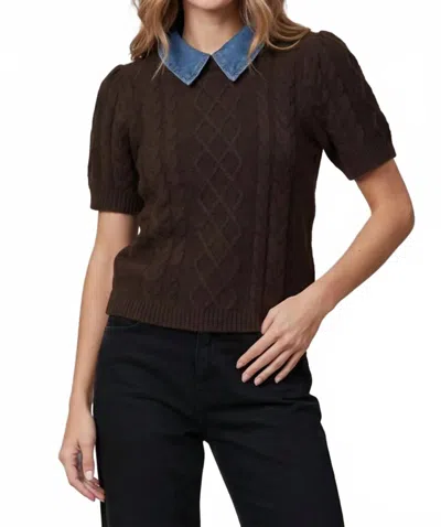 She + Sky Chelsea Cable Knit Denim Collar Sweater Top In Chocolate In Brown