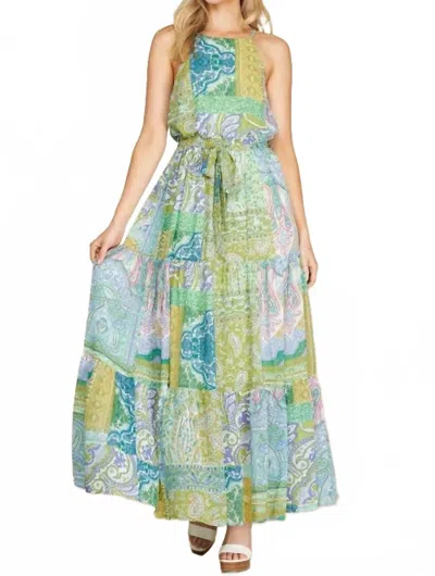 She + Sky Chiffon Patchwork Tiered Maxi Dress In Lime/blue In Multi