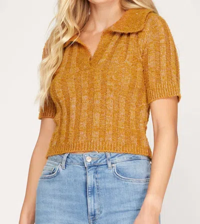 She + Sky Collared Short Sleeves Cropped Knit Top In Caramel In Brown