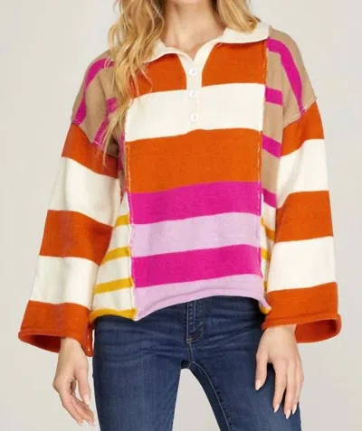She + Sky Color-block Collared Sweater In Multi