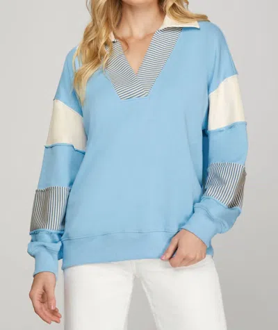 She + Sky Color Block French Terry Sweatshirt Top In Blue