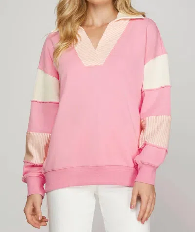 She + Sky Color Block French Terry Sweatshirt Top In Pink