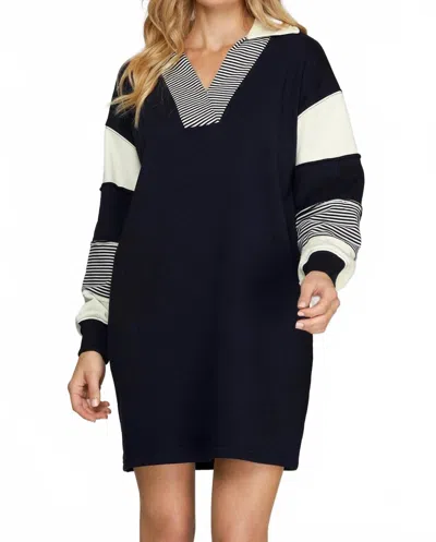 She + Sky Color Block Long Sleeve Dress With Pockets In Multi In Black