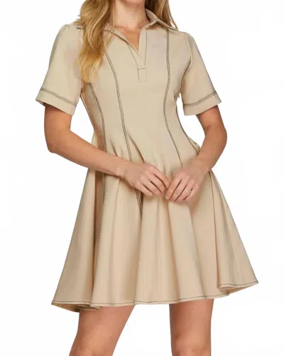 She + Sky Contrast Stitched Skater Dress In Taupe In Multi