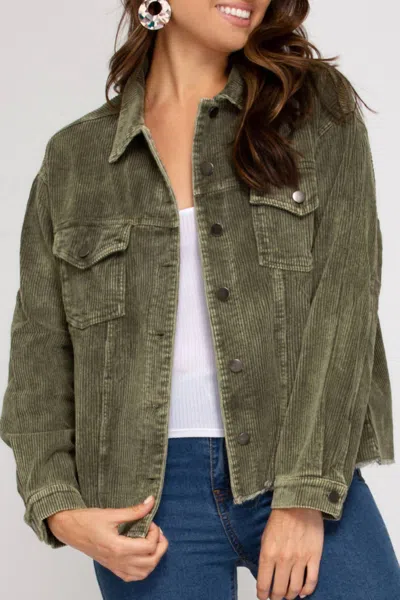 She + Sky Corduroy Jacket In Olive In Green