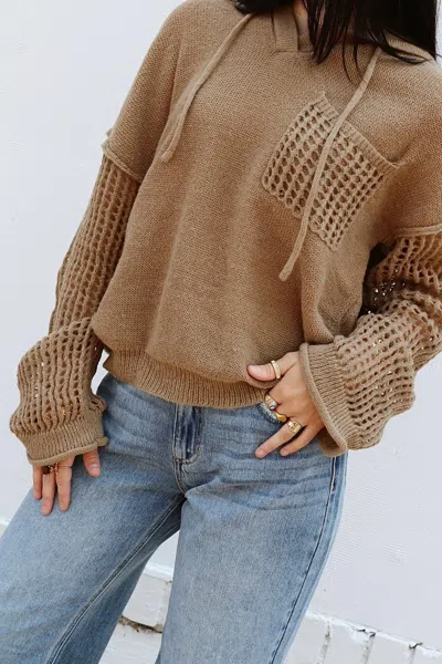 She + Sky Crochet Pullover Hooded Sweater In Brown