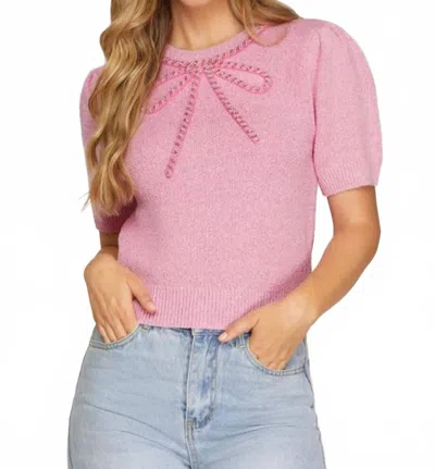 She + Sky Darling Bow Knit Sweater Top In Pink