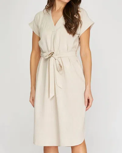 She + Sky Drop Short Sleeve Waist Tie Linen Dress In Natural In Beige